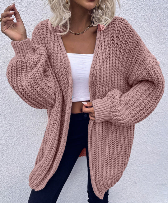 Damen lässiger Grobstrick-Cardigan mit tiefen Taschen und voluminösen Ärmeln Heidi-Mode