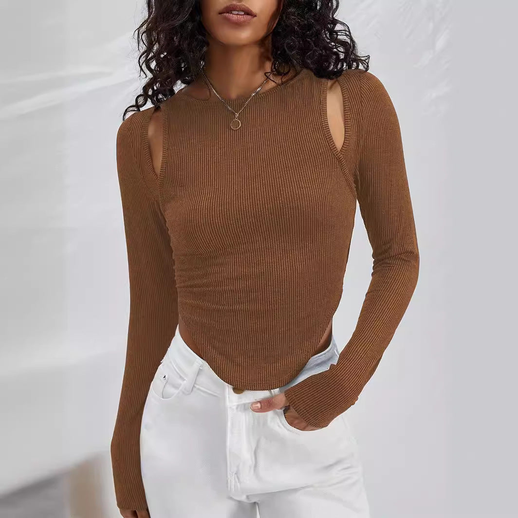 Damen Langarmshirt mit asymmetrischem Cut-Out und Rippstruktur Heidi-Mode