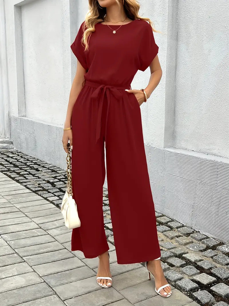 Damen Eleganter Jumpsuit mit weitem Bein und Taillenknoten Heidi-Mode