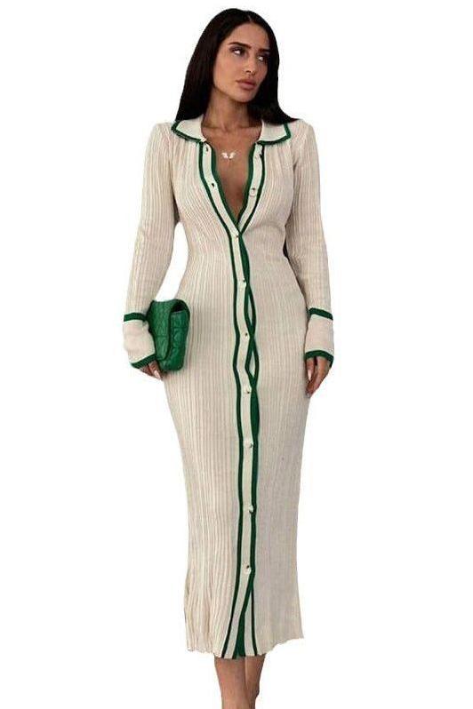 Heidi-Mode | Slim Revers Lang Strickjacke Kleid