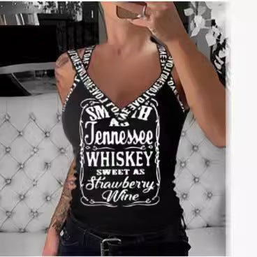 Damen ärmelloses V-Ausschnitt Top mit verspieltem Schriftzug Heidi-Mode