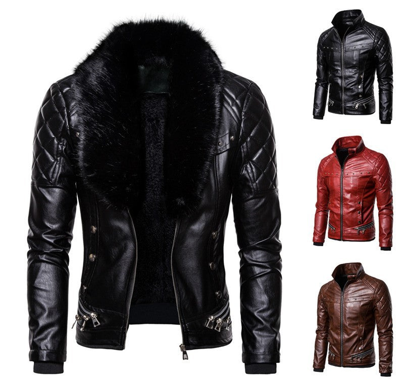 Herren stylische Kunstlederjacke mit Plüschkragen Heidi-Mode
