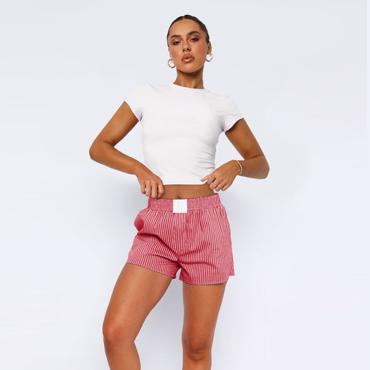Damen Baumwoll-Shorts mit elastischem Bund und Streifenmuster Heidi-Mode