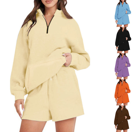 Damen Lässiger Sweatshirt-Set mit hochschließendem Kragen und kurzen Shorts Heidi-Mode