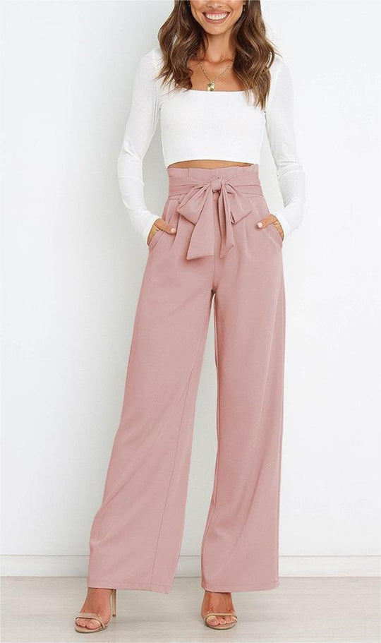 Damen Weit geschnittene High-Waist-Hose mit Binde-Gürtel und Taschen Heidi-Mode