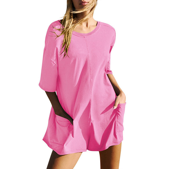 Damen lässiges Oversized T-Shirt-Kleid mit seitlichen Taschen und geradem Schnitt Heidi-Mode