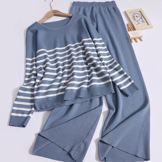 Damen gemütliches Strick-Loungewear-Set mit Streifenmuster Heidi-Mode