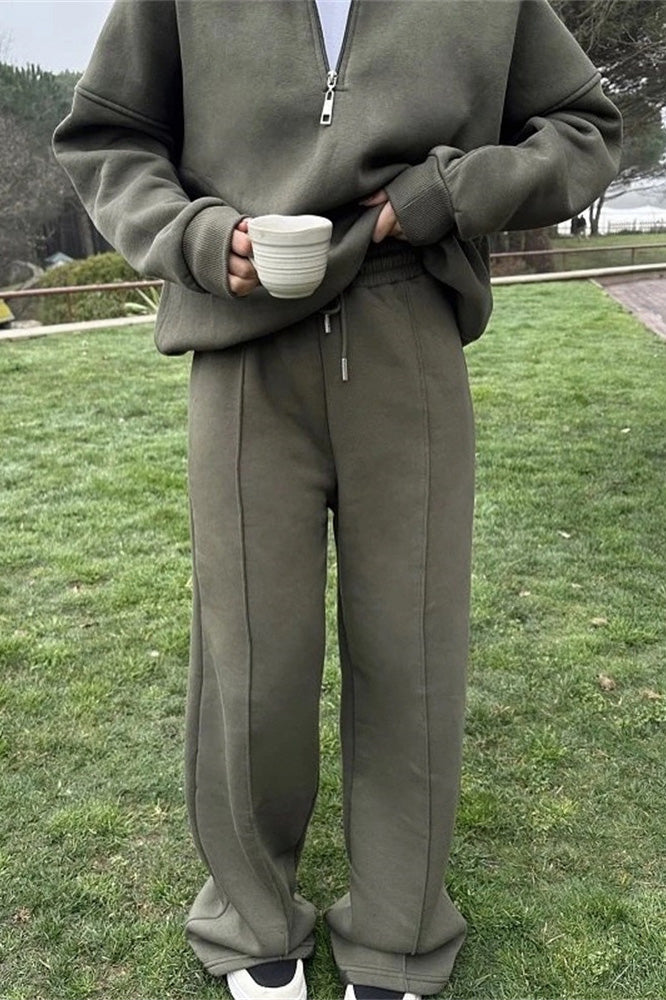 Heidi-Mode | Vibes Halb Offenes Pullover Sweatshirt und Hose Zwei Teiliges Satz