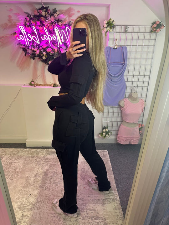Damen sportliches Crop-Top und Cargo-Hose Set mit funktionsgerechten Taschen Heidi-Mode