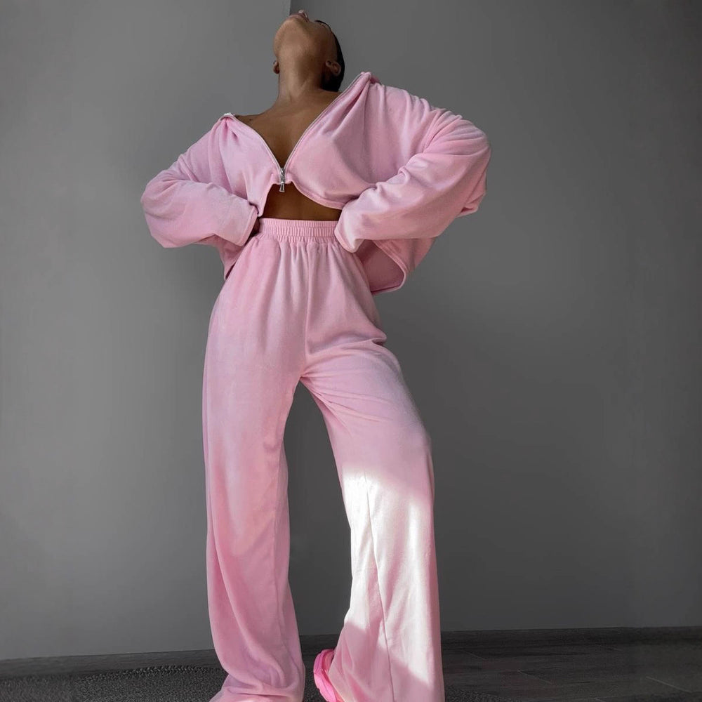 Damen luxuriöses Fleece-Loungewear-Set mit hohem Kragen und weitem Schnitt Heidi-Mode