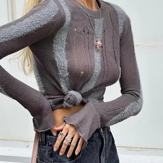 Damen modisches Strickoberteil mit elegantem Knoten und schmalen Ärmeln Heidi-Mode