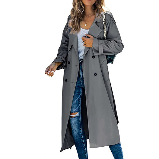 Damen eleganter Trenchcoat mit doppelt Reihe Knopfverschluss und Taillengürtel Heidi-Mode