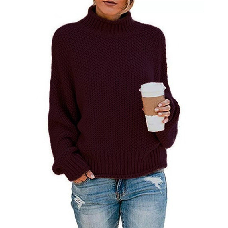 Damen lässiger Strickpullover mit hohem Kragen und strukturierter Oberfläche Heidi-Mode