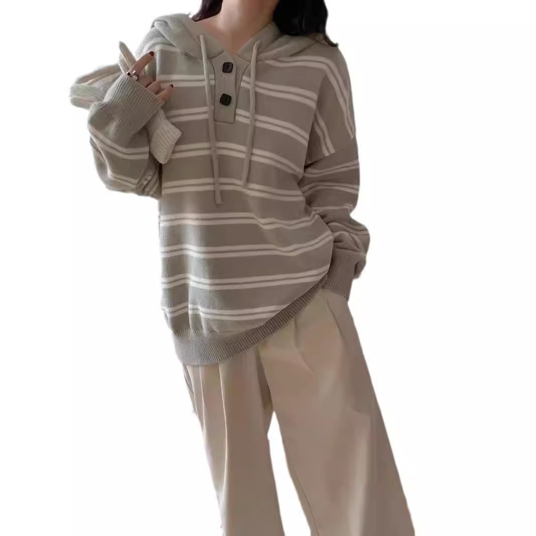 Damen lässiger Streifenpullover mit Knopfleiste und Kapuze Heidi-Mode