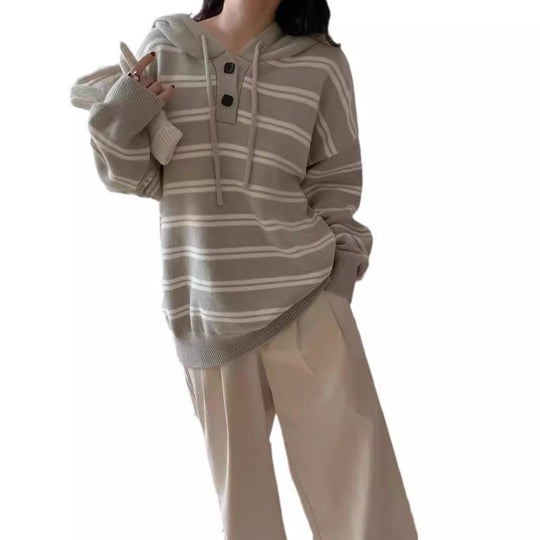 Damen lässiger Streifenpullover mit Knopfleiste und Kapuze Heidi-Mode