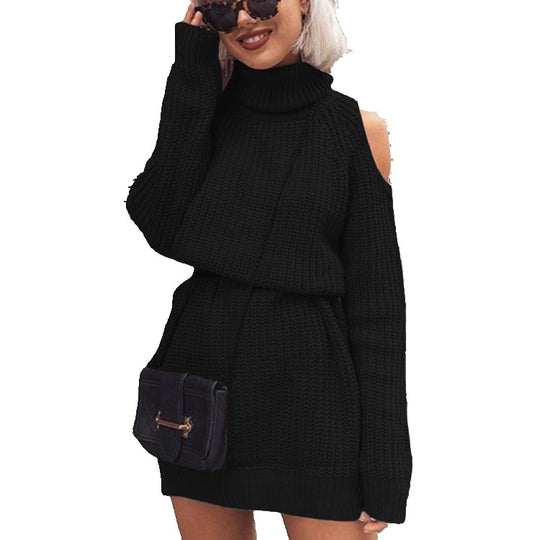 Damen Langarm-Strickkleid mit hohem Kragen und offenem Schulterdesign Heidi-Mode