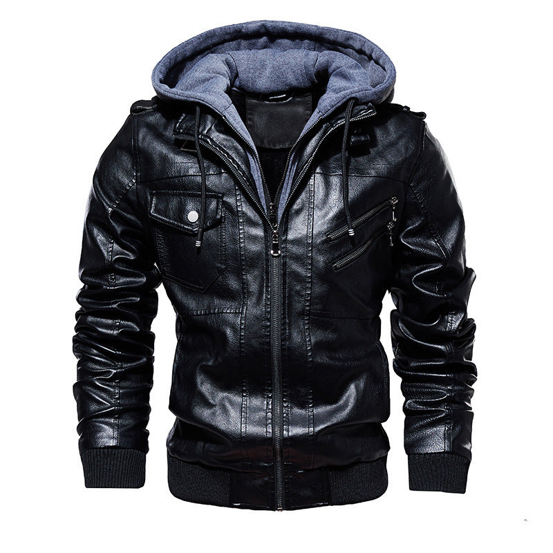 Herren lässige Kunstlederjacke mit abnehmbarer Kapuze und zahlreichen Taschen Heidi-Mode