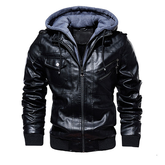 Herren lässige Kunstlederjacke mit abnehmbarer Kapuze und zahlreichen Taschen Heidi-Mode