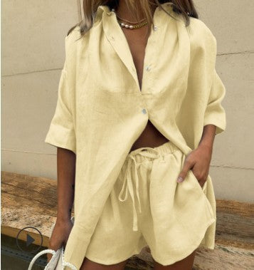 Damen lässiges Leinen-Set mit oversized Hemd und kurzen Hosen Heidi-Mode