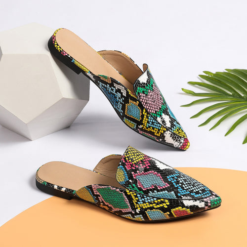 Damen Slip-On Mules mit buntem Schlangenmuster und komfortablem Fußbett Heidi-Mode