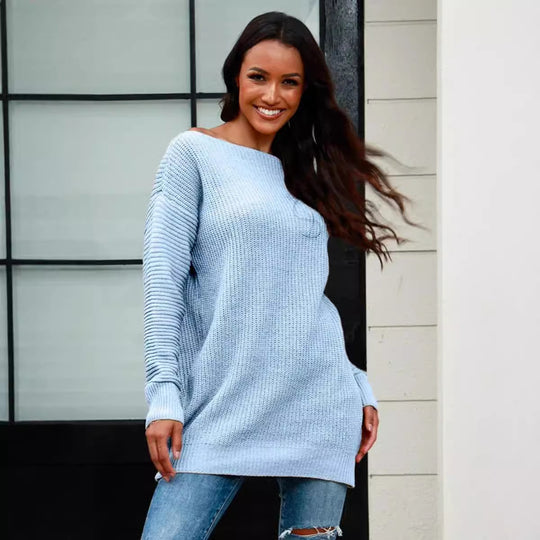 Damen lässiger Strickpullover mit weitem Ausschnitt und Rippstruktur Heidi-Mode