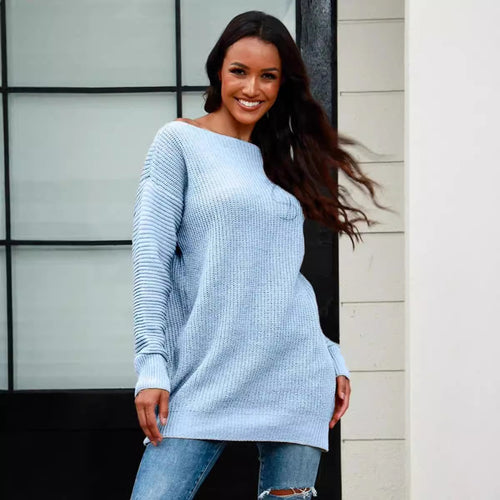 Damen lässiger Strickpullover mit weitem Ausschnitt und Rippstruktur Heidi-Mode