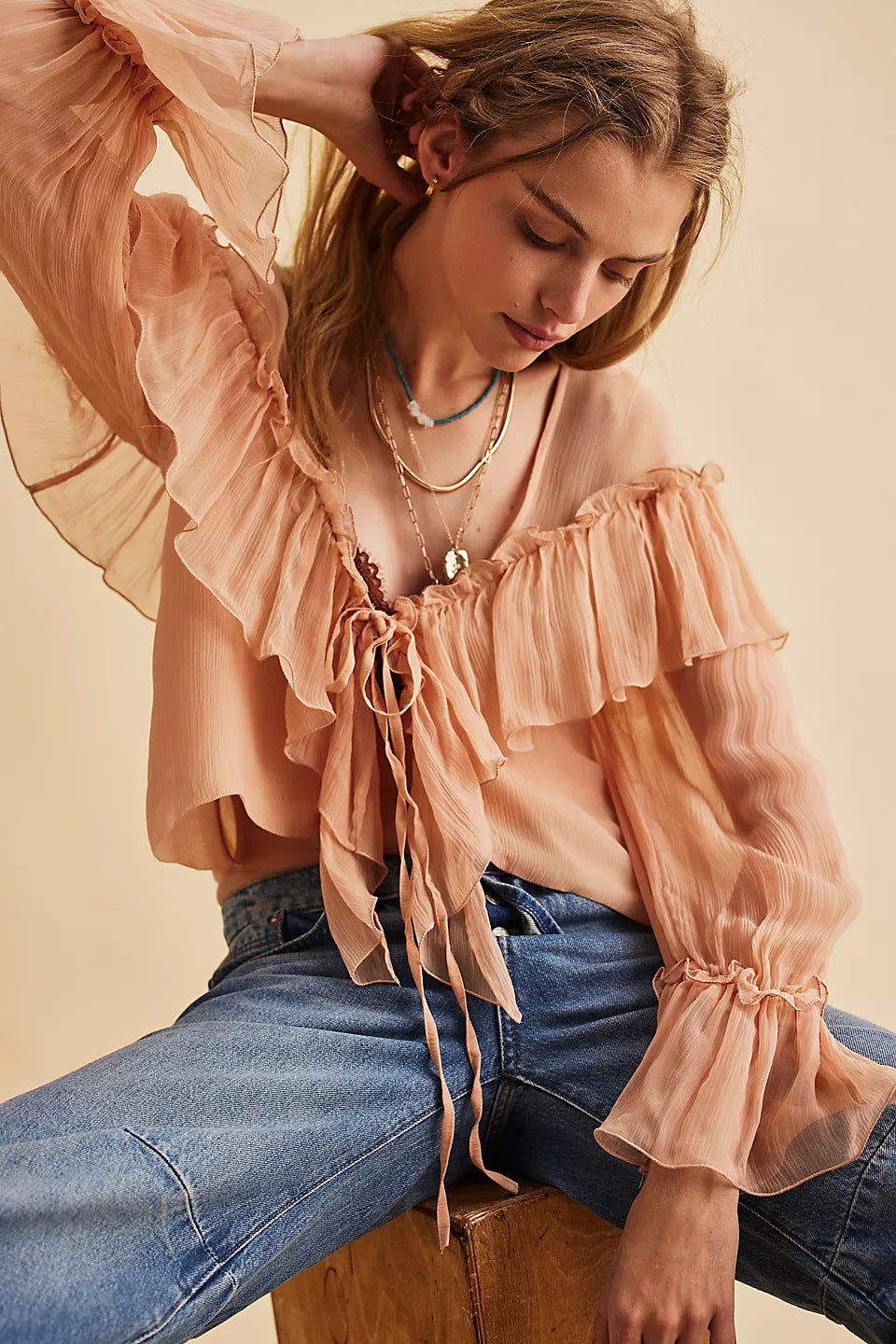 Femme Elegante Volant Bluse mit Krawatten-Detail Heidi-Mode