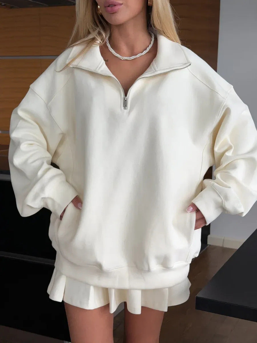 Damen sportlicher Pullover mit Kordelzug und Reißverschluss Heidi-Mode