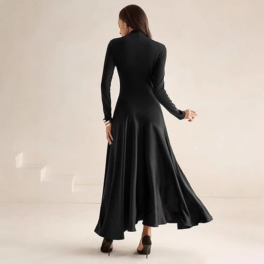 Damen Elegantes Langarm Maxikleid mit hohem Kragen und fließendem Rock Heidi-Mode