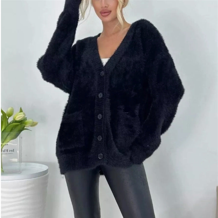 Damen Flauschiger Cardigan mit großen Taschen und lockerer Passform Heidi-Mode