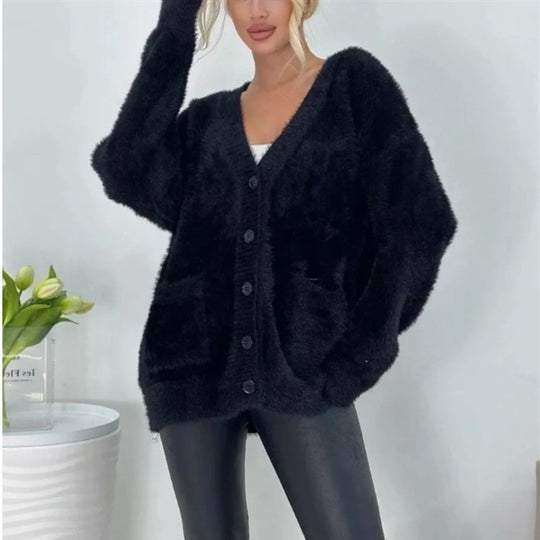 Damen Flauschiger Cardigan mit großen Taschen und lockerer Passform Heidi-Mode