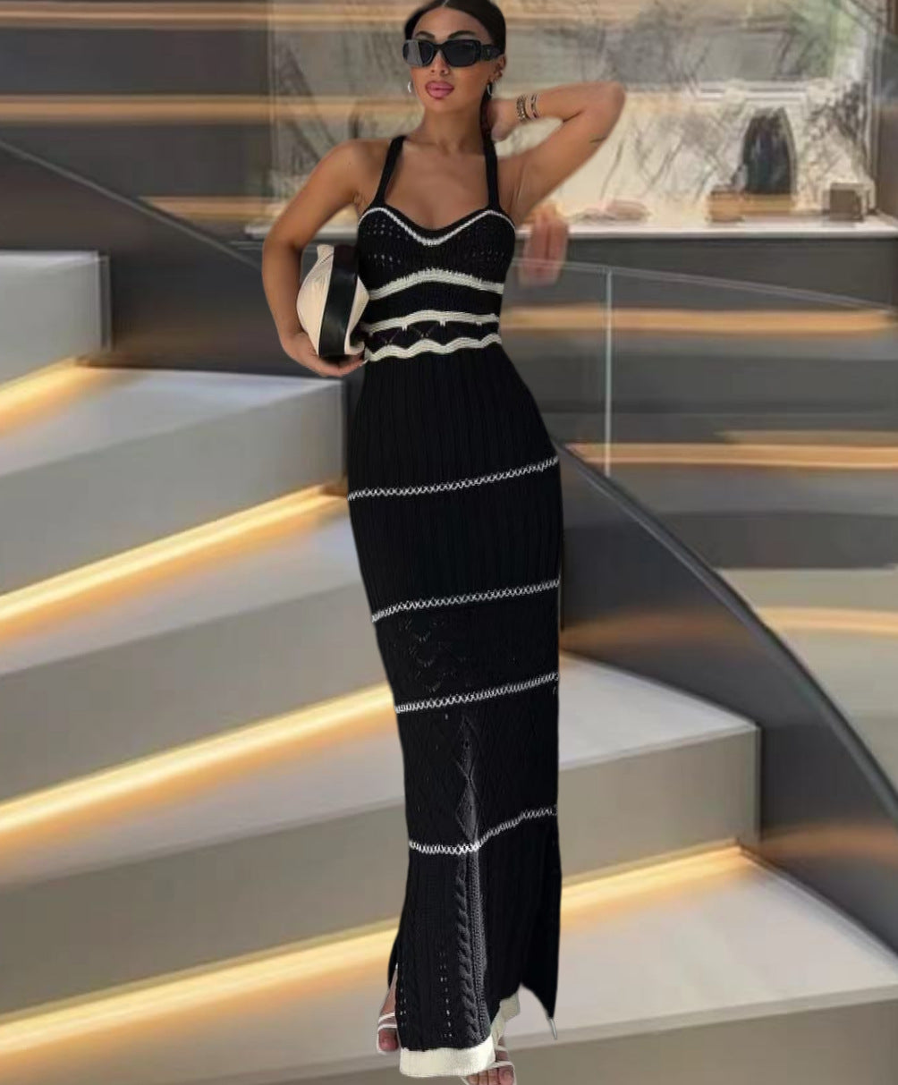 Damen Strick-Maxikleid mit raffinierten Häkelmustern und seitlichem Schlitz Heidi-Mode