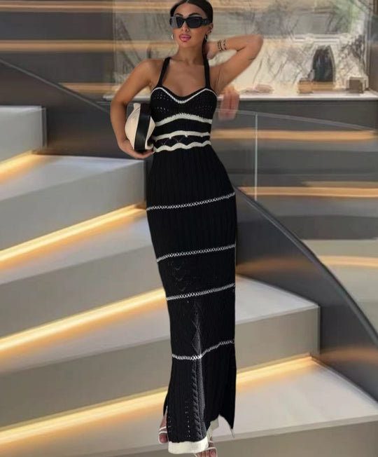 Damen Strick-Maxikleid mit raffinierten Häkelmustern und seitlichem Schlitz Heidi-Mode