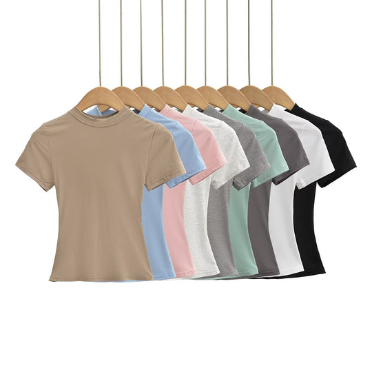 Damen Kurzarm T-Shirt mit hochgeschlossenem Kragen und figurbetontem Schnitt Heidi-Mode