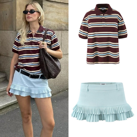 Heidi-Mode | Gestreiftes Kurzarm-T-Shirt Faltenrock mit niedrigem Bund Set