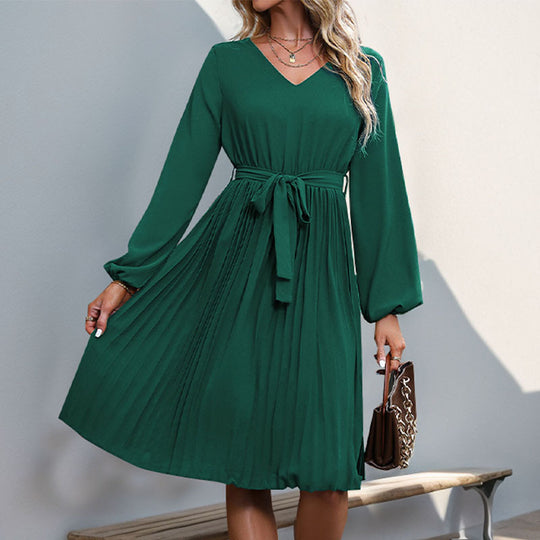 Damen Plissiertes Wickelkleid mit Taillengürtel und langen Ärmeln Heidi-Mode
