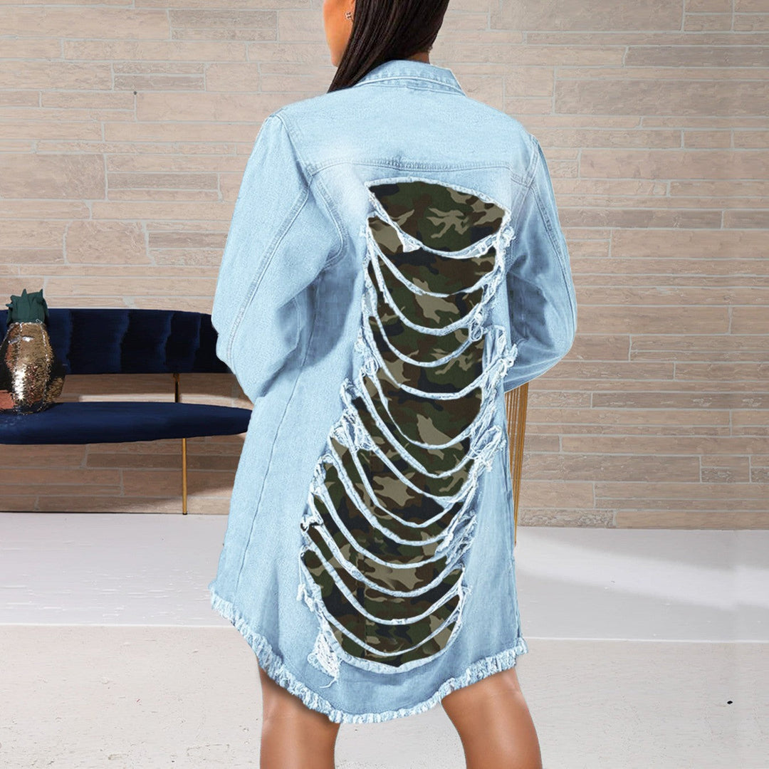 Heidi-Mode | Lange Zerrissene Jeansjacke mit Camouflage-Muster