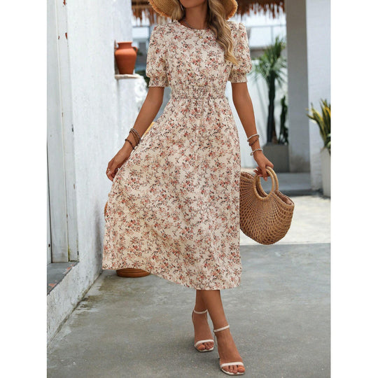 Damen Leichtes Blumendruck Maxi Kleid mit Smock-Taille Heidi-Mode