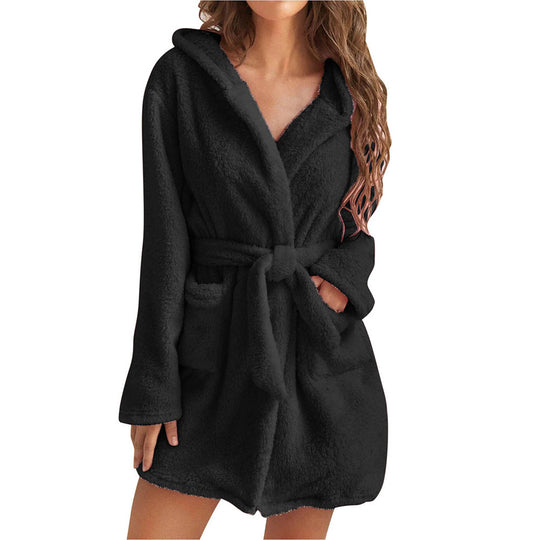 Damen Fleece Bademantel mit Kapuze und Gürtel Heidi-Mode