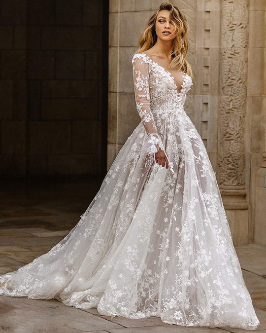 Damen Elegantes Hochzeitskleid mit floralen Spitzenapplikationen und tiefem V-Ausschnitt Heidi-Mode