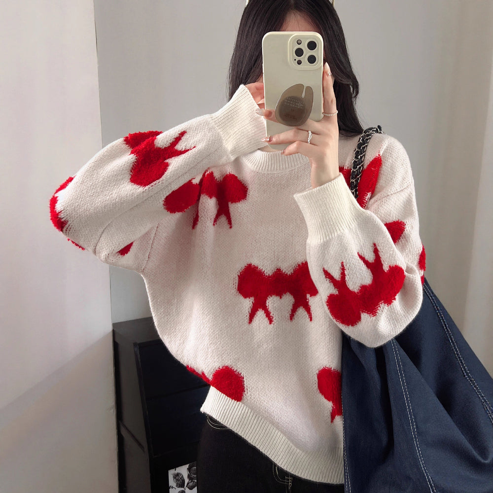 Damen Kuscheliger Strickpullover mit verspieltem Schleifenmotiv Heidi-Mode