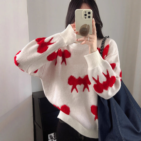 Damen Kuscheliger Strickpullover mit verspieltem Schleifenmotiv Heidi-Mode