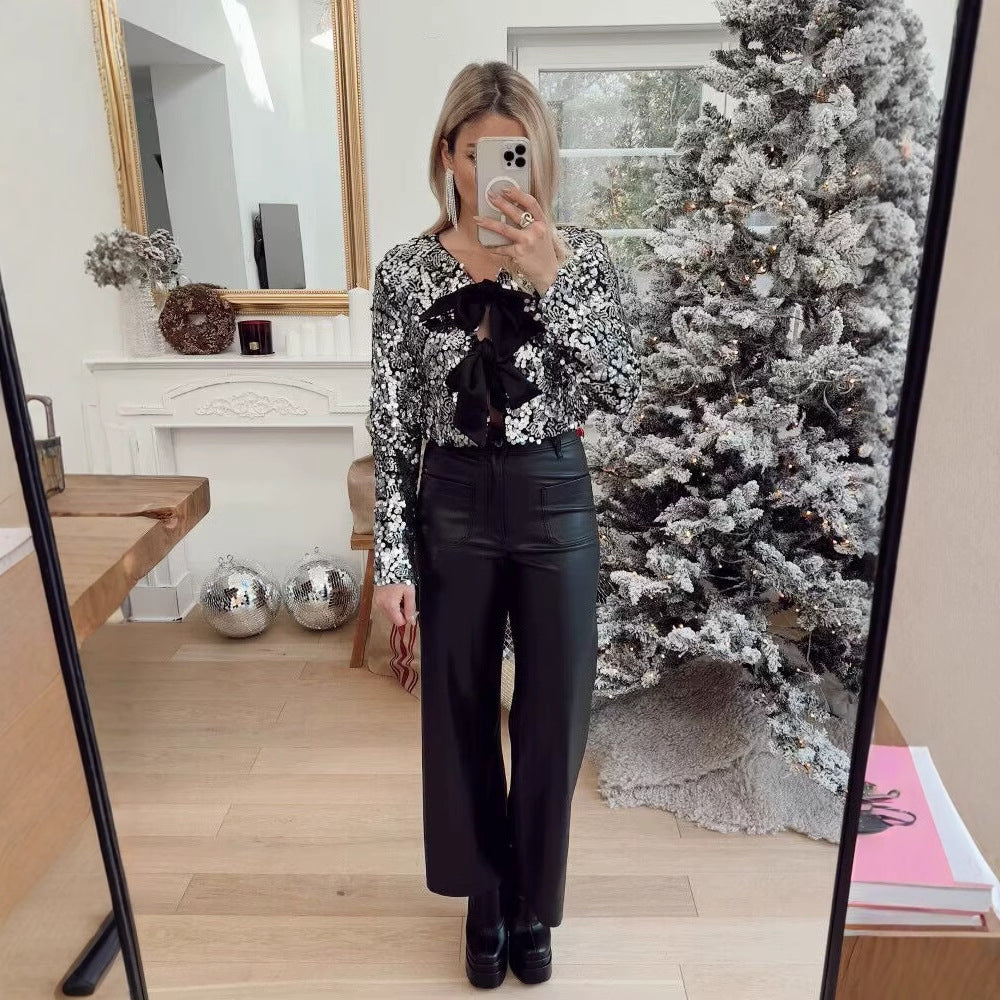 Damen elegante Lurex-Partyjacke mit Rüschen und schönen Schleifen Heidi-Mode