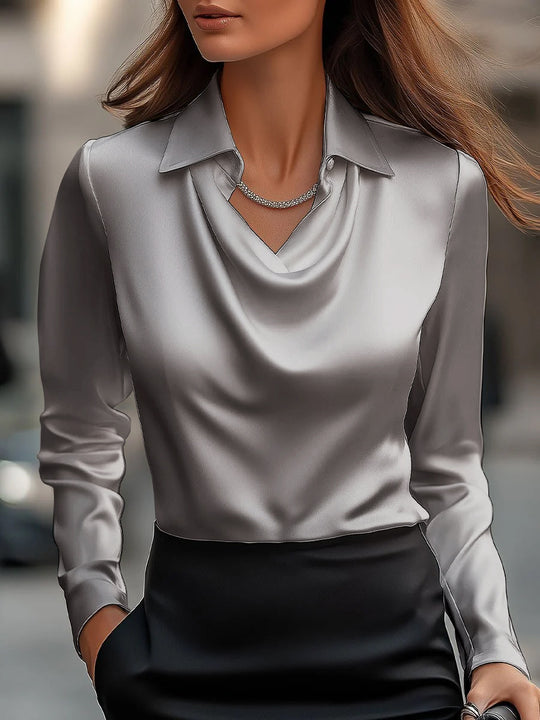Damen Seidene Bluse mit schickem Wasserfall-Ausschnitt und lange Ärmel Heidi-Mode
