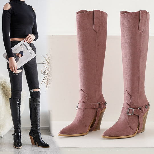 Damen kniehohe Stiefel mit Krokodilprägung und Blockabsatz Heidi-Mode