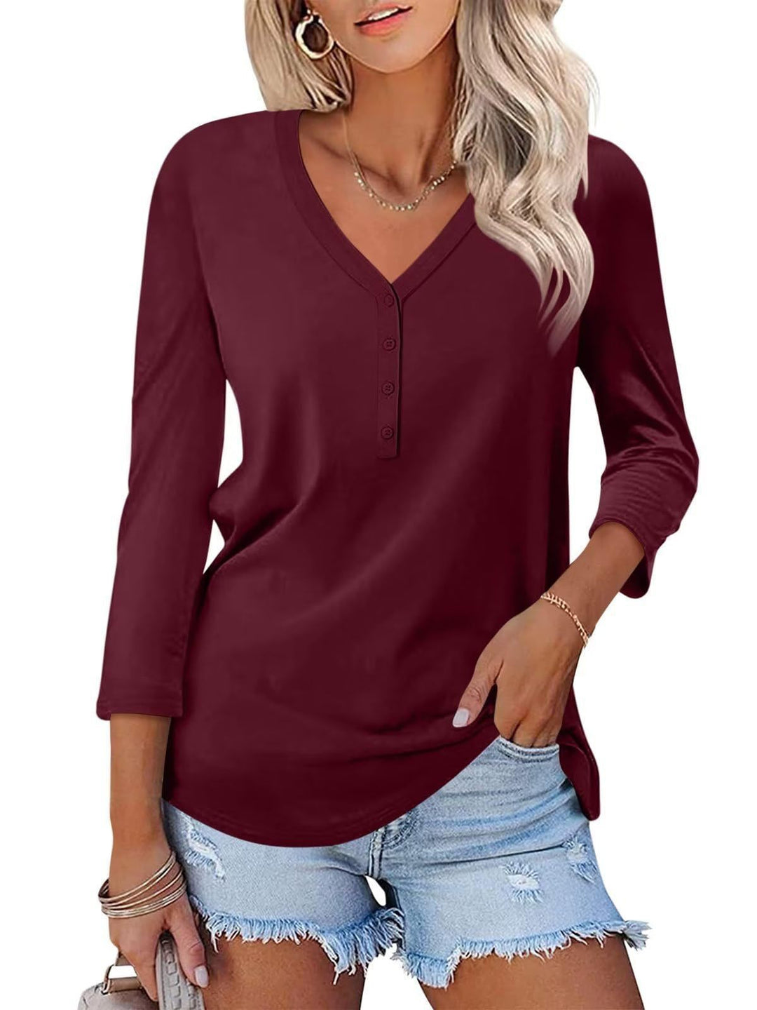 Damen Langarm T-Shirt mit Knopfleiste und V-Ausschnitt Heidi-Mode