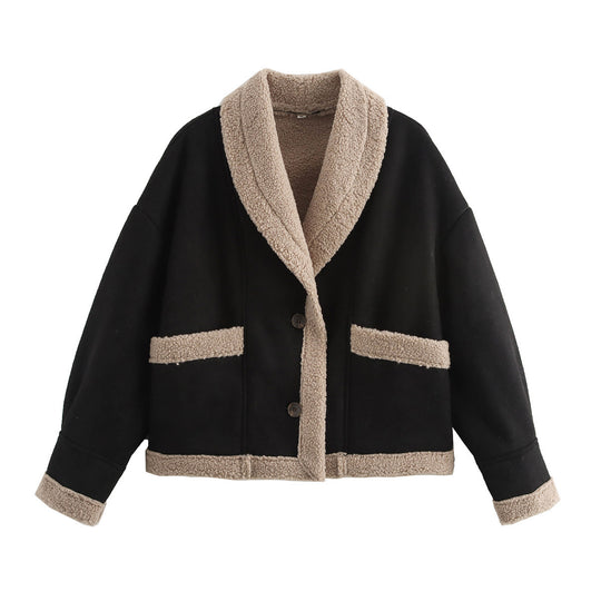 Damen kuschelige Blazerjacke im Teddy-Look mit praktischem Taschen Heidi-Mode