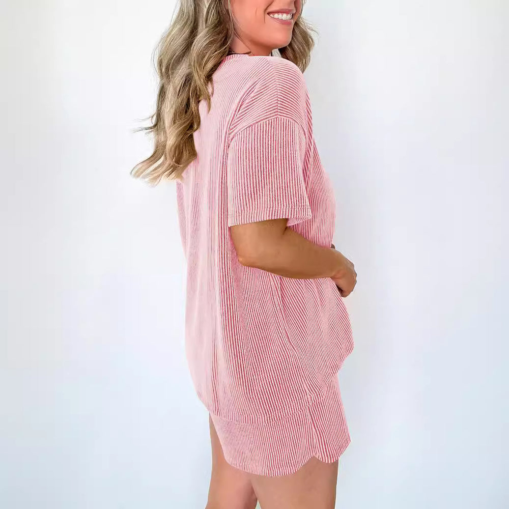 Damen lässiges Kurzarm-Set aus strukturierter Baumwolle mit elastischem Bund Heidi-Mode