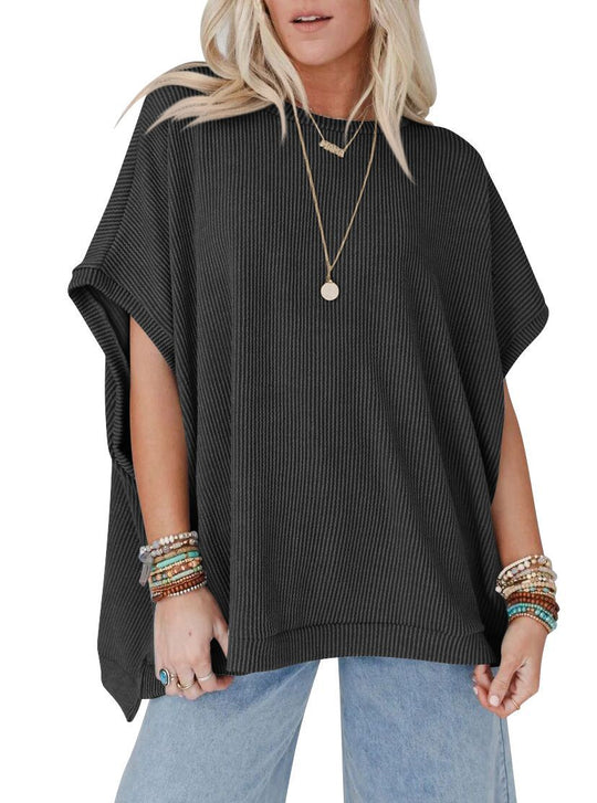 Damen Oversized T-Shirt mit Rippenstruktur Heidi-Mode