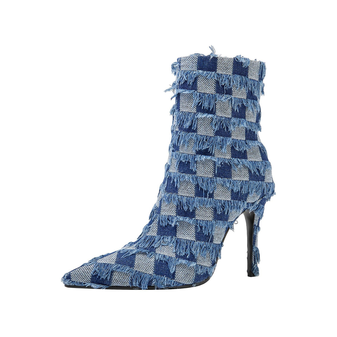 Femme Chunky-Heeled Pointed-Toe Ankle Boots mit fransiger Denim-Textur Heidi-Mode